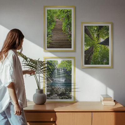 Lot de 3 tableaux pour salon Sentier forestier cascade végétation