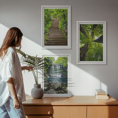 Lot de 3 tableaux pour salon Sentier forestier cascade végétation