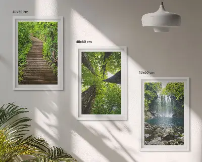 Lot de 3 tableaux pour salon motif sentier forestier avec cascade et végétation