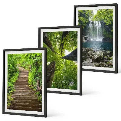Lot de 3 tableaux pour salon motif sentier forestier avec cascade et végétation