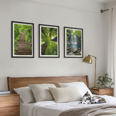 Lot de 3 tableaux pour salon Sentier forestier cascade végétation