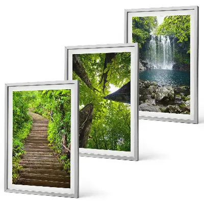 Lot de 3 tableaux pour salon motif sentier forestier avec cascade et végétation