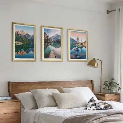 Lot de 3 tableaux pour salon représentant des lacs de montagne et une forêt avec reflets