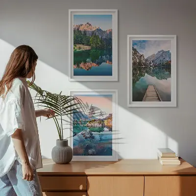 Lot de 3 tableaux pour salon représentant des lacs de montagne et une forêt avec reflets