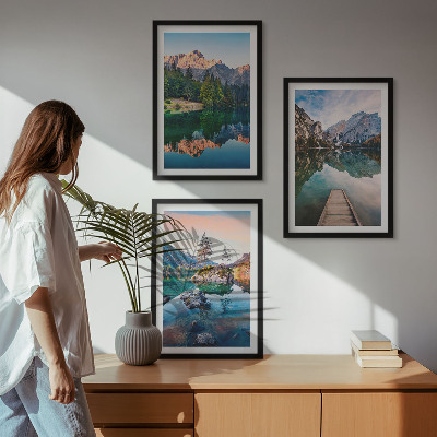 Lot de 3 tableaux pour salon Lacs de montagne forêt de reflet