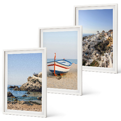 Lot de 3 tableaux pour salon Vues de la Grèce avec un bateau et des maisons