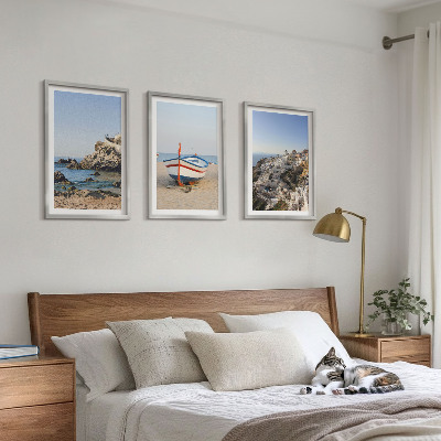 Lot de 3 tableaux pour salon Vues de la Grèce avec un bateau et des maisons