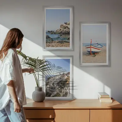 Lot de 3 tableaux pour salon représentant des vues de la Grèce avec un bateau et des maisons