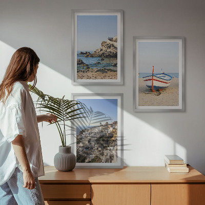 Lot de 3 tableaux pour salon Vues de la Grèce avec un bateau et des maisons