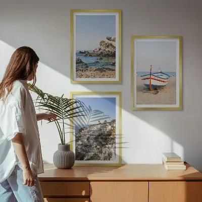 Lot de 3 tableaux pour salon représentant des vues de la Grèce avec un bateau et des maisons