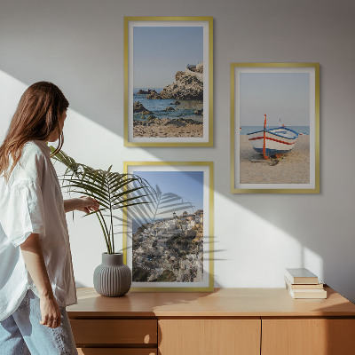 Lot de 3 tableaux pour salon Vues de la Grèce avec un bateau et des maisons