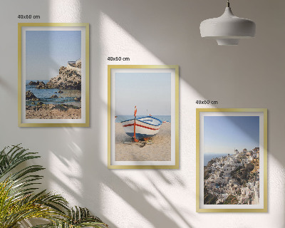 Lot de 3 tableaux pour salon Vues de la Grèce avec un bateau et des maisons