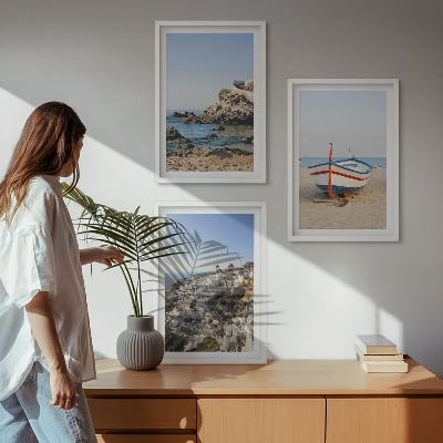 Lot de 3 tableaux pour salon Vues de la Grèce avec un bateau et des maisons