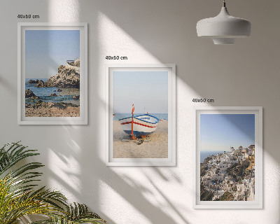 Lot de 3 tableaux pour salon Vues de la Grèce avec un bateau et des maisons