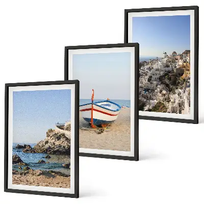 Lot de 3 tableaux pour salon représentant des vues de la Grèce avec un bateau et des maisons