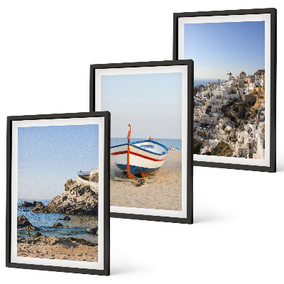 Lot de 3 tableaux pour salon Vues de la Grèce avec un bateau et des maisons