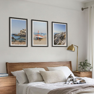 Lot de 3 tableaux pour salon Vues de la Grèce avec un bateau et des maisons