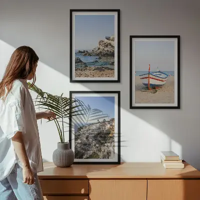 Lot de 3 tableaux pour salon représentant des vues de la Grèce avec un bateau et des maisons