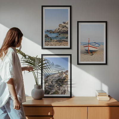Lot de 3 tableaux pour salon Vues de la Grèce avec un bateau et des maisons