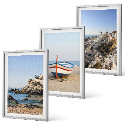 Lot de 3 tableaux pour salon Vues de la Grèce avec un bateau et des maisons