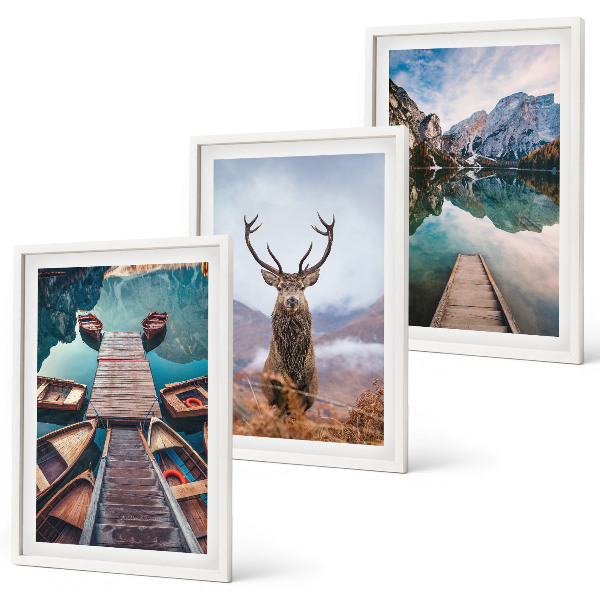 Cadre photo mural Lac bateaux montagnes de cerfs