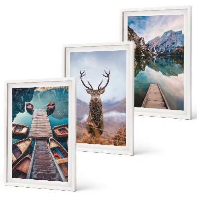 Cadre photo mural Lac bateaux montagnes de cerfs