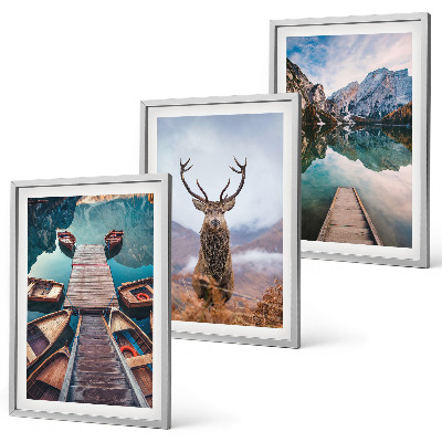 Cadre photo mural Lac bateaux montagnes de cerfs