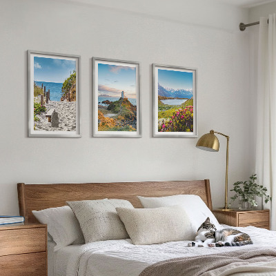 Lot de 3 tableaux pour salon Plage, phare, montagnes, fleurs