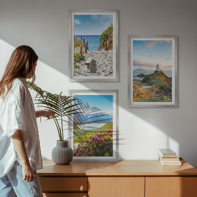 Lot de 3 tableaux pour salon Plage, phare, montagnes, fleurs