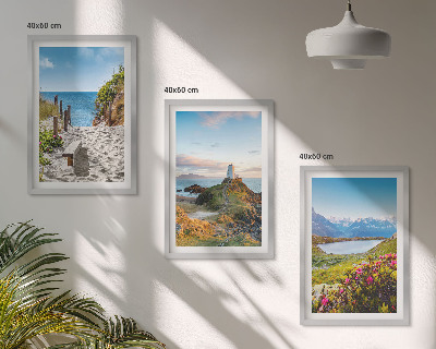 Lot de 3 tableaux pour salon Plage, phare, montagnes, fleurs