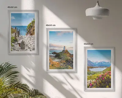 Lot de 3 tableaux pour salon représentant une plage, un phare, des montagnes et des fleurs