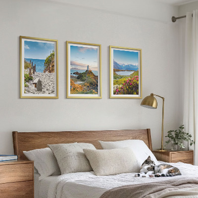 Lot de 3 tableaux pour salon Plage, phare, montagnes, fleurs
