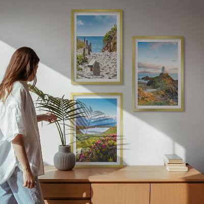 Lot de 3 tableaux pour salon Plage, phare, montagnes, fleurs