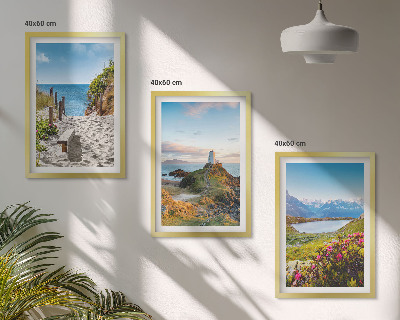 Lot de 3 tableaux pour salon Plage, phare, montagnes, fleurs