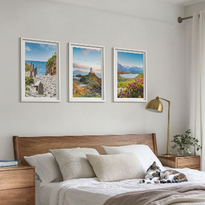Lot de 3 tableaux pour salon Plage, phare, montagnes, fleurs