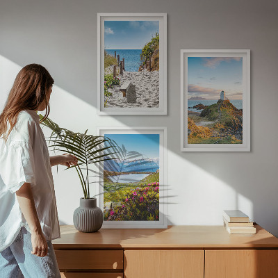 Lot de 3 tableaux pour salon Plage, phare, montagnes, fleurs