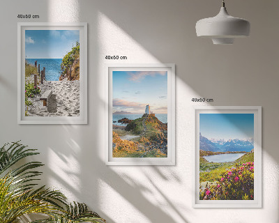 Lot de 3 tableaux pour salon Plage, phare, montagnes, fleurs