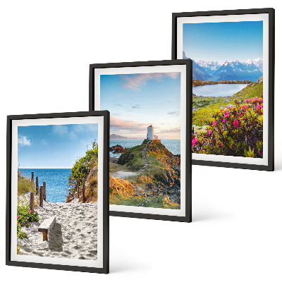 Lot de 3 tableaux pour salon Plage, phare, montagnes, fleurs