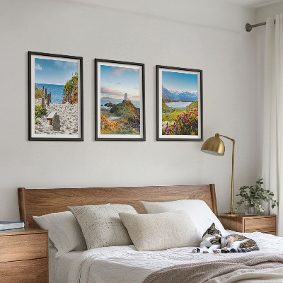 Lot de 3 tableaux pour salon Plage, phare, montagnes, fleurs