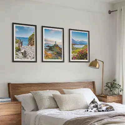 Lot de 3 tableaux pour salon représentant une plage, un phare, des montagnes et des fleurs
