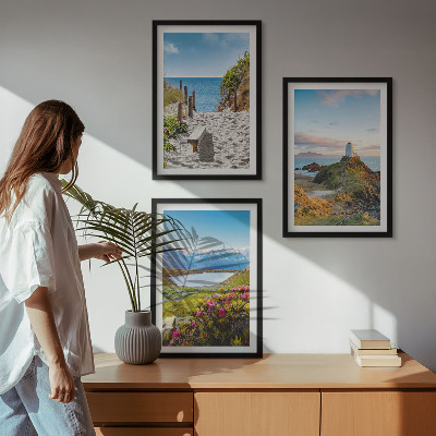 Lot de 3 tableaux pour salon Plage, phare, montagnes, fleurs