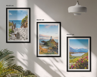 Lot de 3 tableaux pour salon Plage, phare, montagnes, fleurs