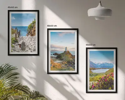Lot de 3 tableaux pour salon représentant une plage, un phare, des montagnes et des fleurs