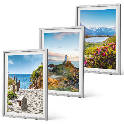 Lot de 3 tableaux pour salon Plage, phare, montagnes, fleurs