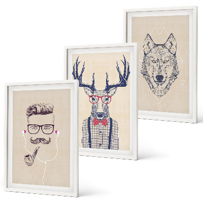 Lot de 3 tableaux pour salon Portraits d'animaux stylés