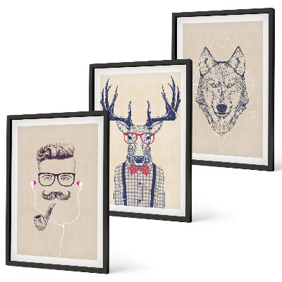Lot de 3 tableaux pour salon Portraits d'animaux stylés