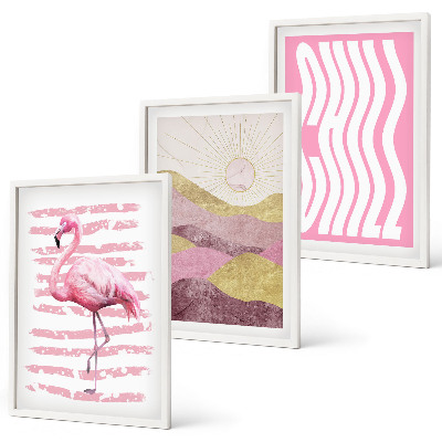 Lot de 3 tableaux pour salon Paysage pastel de flamants roses