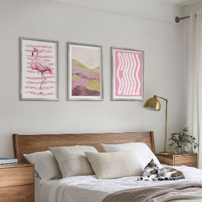 Lot de 3 tableaux pour salon Paysage pastel de flamants roses