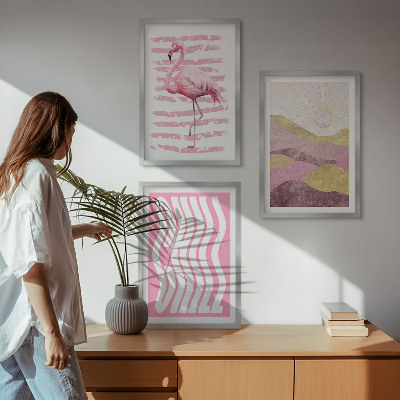 Lot de 3 tableaux pour salon Paysage pastel de flamants roses