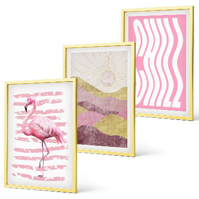 Lot de 3 tableaux pour salon Paysage pastel de flamants roses